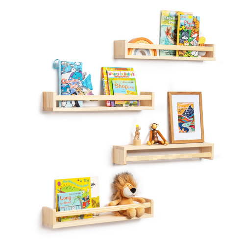 Fun Memories 24" 4Pcs Solid Wood Nursery Wall Display Floating Shelves for Kids Room, Home Decor, Natural