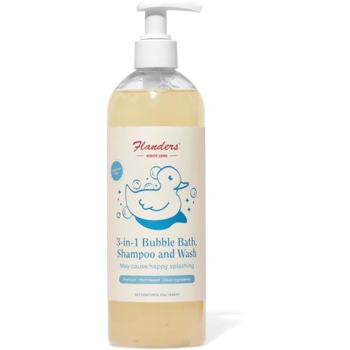 Flanders Bubble Bath - Shampoo & Wash 3-in-1, Pharmacist Developed, Plant Based, Unscented, Clean Ingredients, Calming & Fun for Sensitive Skin, All Ages (15oz)