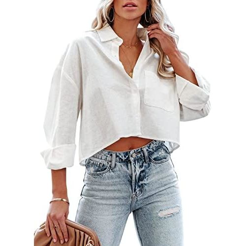 Tankaneo Womens Button Down Cropped Shirts Long Sleeve Casual Crop Tops Solid Lapel Blouse Shirt with Chest Pocket