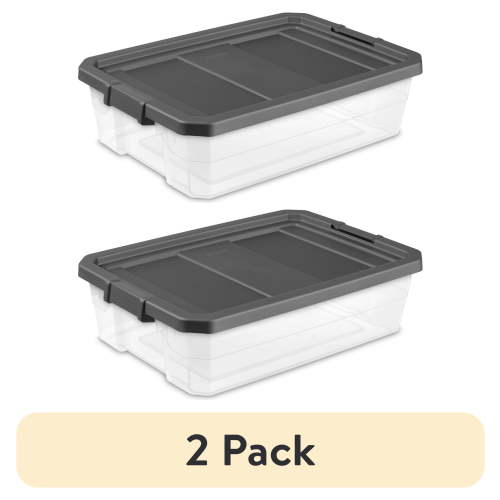 (2 pack) Sterilite Small Storage Bin, 40 Quart Clear Plastic Storage Container with Latch Lid, Dark Gray
