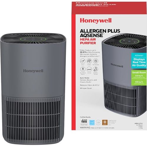 Honeywell Allergen Plus Compact HEPA Small Room Air Purifiers for Home, Up to 530 Ft² Coverage, 3-in-1 Filter, Pet Dander, Smoke & Odor Reducer Air Quality Sensor with Auto Mode, Black, HPA125B