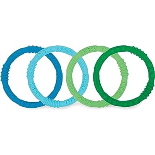 Bumkins Baby Teething Freezer Toy Keys Rings, Soft Flexible Pacifier to Chew, Cool Teether Gum Relief, Babies 3 Months, Freezable, Platinum Cured Silicone, Sensory Bracelet, 4-pk Blue and Green