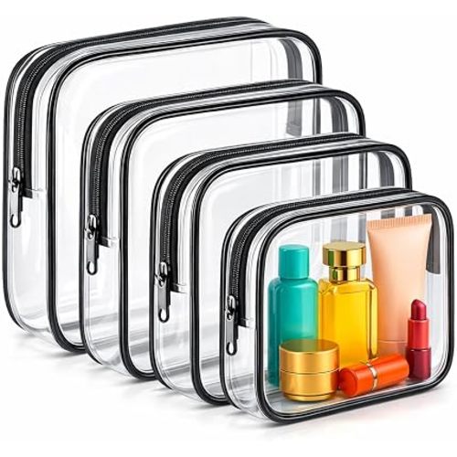 Clear Makeup Bag 4 Pack, TSA Approved Toiletry Bag for Women, Waterproof PVC Cosmetic Pouch Travel Organizer, Clear Bags for Diaper Bag Organizer Purse, Portable Zipper Pouch Set (L+M+M+S)