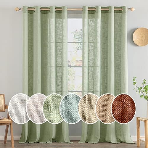 MIULEE Sage Green Linen Curtains 84 Inch Length 2 Panels Set for Bedroom Living Room, Soft Thick Linen Textured Window Drapes Semi Sheer Light Filtering Grommet Top Burlap Look Farmhouse Decor