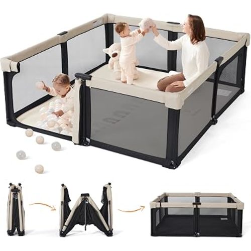 Sweeby Baby Playpen, 59x59 Inch Baby Gate Playpens for Babies and Toddlers, Extra Large Playpen with Door Play Yard for Fence Indoor and Outdoor Play Pen, Beige & Black