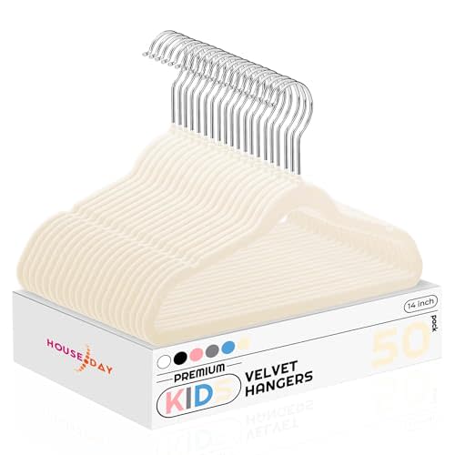 HOUSE DAY 14 Inch Kids Velvet Hangers 50 Pack, Durable Big Kid Hangers for Youth, Non Slip Kids Felt Hanger, Cute Childrens Hanger for Closet, Beige