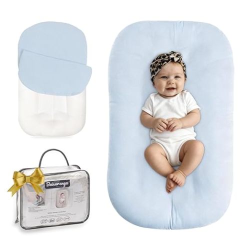 Baby Lounger for Newborn - Snuggle Cozy Me Lounger | Breathable Soft Cotton, 0-24 Months Portable Playtime Baby Nest, Newborn Baby Essentials Gifts- Blue (1 Lounger + 1 Cover)