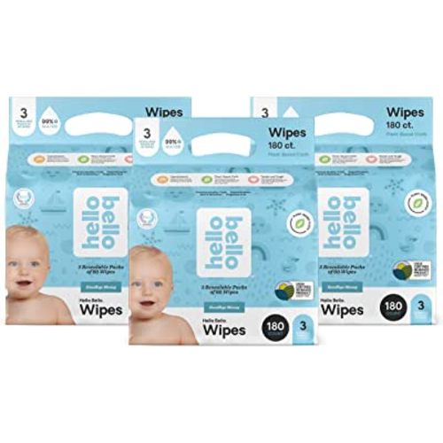 Hello Bello Baby Wipes I Plant Based Wipes for Sensitive Skin Made with 99% Water and Aloe for Babies and Kids I Unscented I 540 Count (9 Packs of 6)