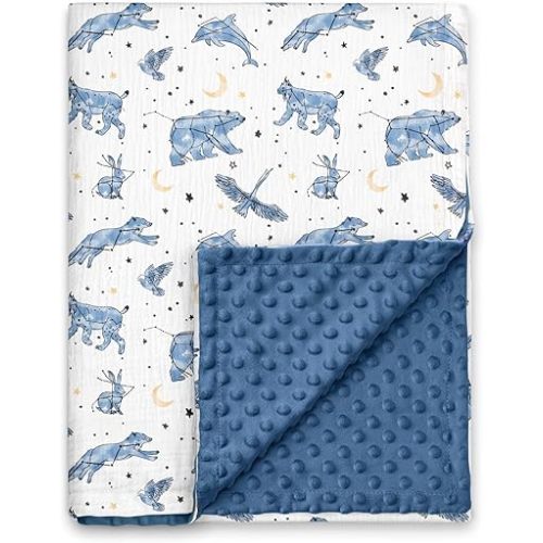 GLLQUEN BABY Blankets for Boys, Soft Muslin Cotton Front Dotted Fleece Backing, Nursery Minky Crib Blanket for Infant Toddler, 30 x 40 inches Throw Blanket, Blue Star