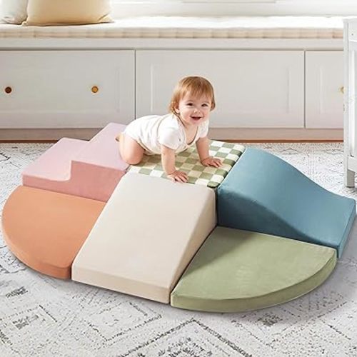 Tiny Land Soft Foam Climbing Blocks for Toddlers, 6-Piece Baby Foam Climbing Blocks, Indoor Playground Climbing Toys, Ideal Gift for Kids Activity Crawling and Sliding Foam Play Set (Morandi)