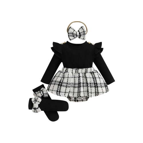 Loicainy Baby Toddler Girl Spring Fall Romper Dresses 3 6 12 18 Months Long Sleeve Plaid Print Skirt Bodysuit with Headband Socks Set Infant Clothes