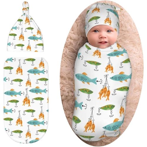 Fishing Swaddle Blankets Beanie Hat Sets, Soft and Stretchy Newborn Fishes Blanket Swaddlling Blanket for Baby Shower Infant Boy and Girl