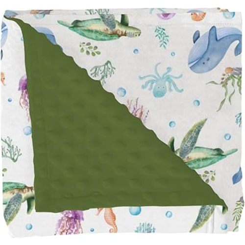 Baby Sea Animals Blankets for Girl Boy with Dotted Backing Double Layer Ocean Turtle Whale Jellyfish Sea Horse Corals Soft Swaddle Receiving Blanket for Toddler Nursery Crib Bed Blanket 30x40
