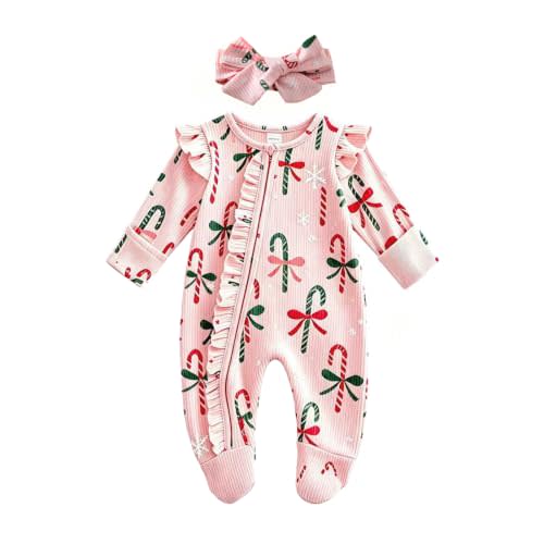 Newborn Baby Girl Christmas Outfit Footed Romper | My First Christmas Baby Girl Outfit, Bow Candy Cane Print Fly Long Sleeve Jumpsuit with Headband Infant Fall Winter Clothes