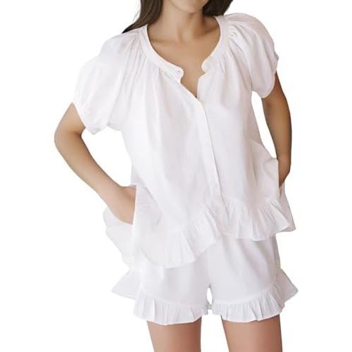 Womens Ruffle Pajama Set Short Sleeve Button Down Top and Shorts Cotton 2 Piece Short Sets