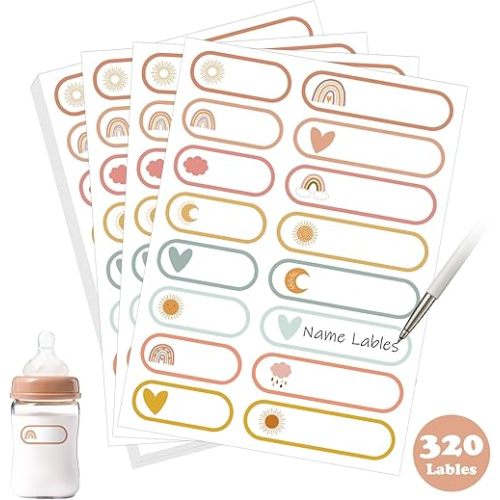 320 Pcs Baby Bottle Labels for Daycare, Name Labels for Daycare Essentials, Self Laminating, School Name Stickers for Kids Waterproof Food Milk Stickers Self Adhesive Tags(Boho)