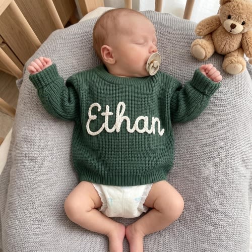 Hand Embroidered Baby Name Sweater, Personalized Baby Sweater with Name, Custom Knit Newborn Crewneck Sweater, Crochet Knitted Baby Jumper