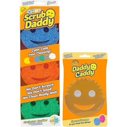 Scrub Daddy Colors 3ct + Daddy Caddy - Scratch-Free Multipurpose Dish Sponge + Sponge Holder - BPA Free & Made with Polymer Foam - Stain & Odor Resistant Kitchen Sponge