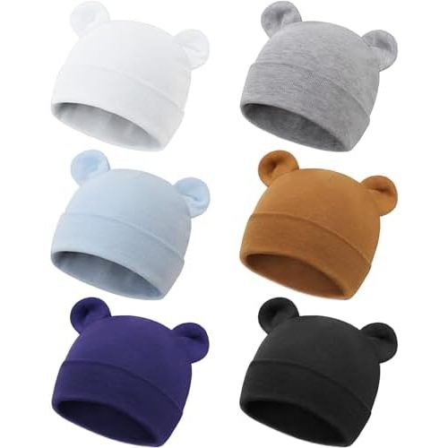 DRESHOW BQUBO 6 Pcs Newborn Baby Beanie with Bear Ears Cotton Hospital Hat Preemie Infant Caps for Baby Boy Girls 0-6 Months