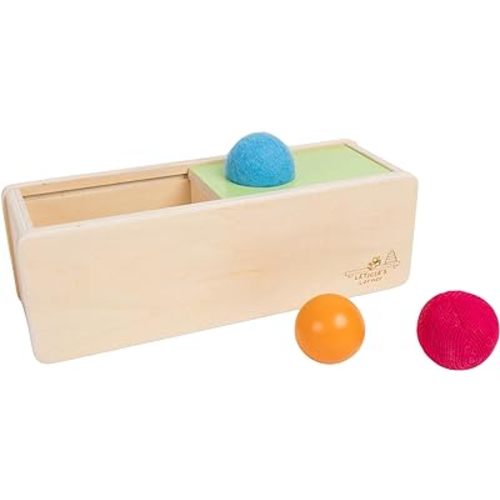 Leticia's Corner Montessori-Inspired Wooden Object Permanence Box, Sliding Top Box with Felt, Wooden and Knitted Balls, Imbucare Box, Ball Drop, Montessori Toy for Babies 6 Months and Older