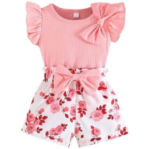 2pc Shirts Shorts Sets for Toddler Knit Soft Bow Tops Flower Graphic Cute Shorts Outfits Fall Soft Elegant Clothes