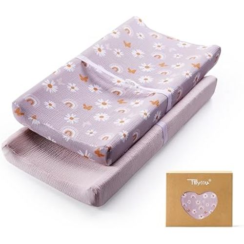 TILLYOU Muslin Changing Pad Cover for Baby Girls Boys, Soft and Breathable Cotton Diaper Changing Table Cover, 2 Pack(Pink Butterfly)