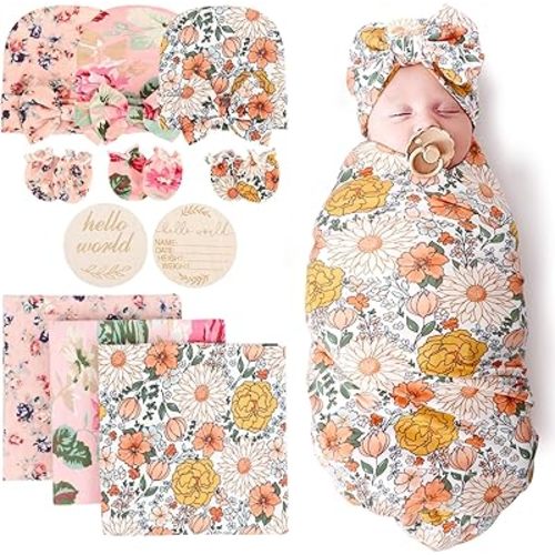 DRESHOW BQUBO Floral Swaddles for Baby Girl Newborn Receiving Blanket with Bow Hat Mittens Wooden Birth Announcement Card Set Baby Floral Print Swaddle Nursery Swaddle Wrap