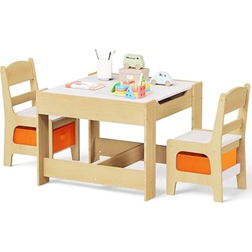 Kinder King Kids Wood Table & 2 Chairs Set, 3 in 1 Children Activity Table w/Storage, Removable Tabletop, Blackboard, 3-Piece Toddler Furniture Set for Art, Drawing, Reading, Playroom, Natural
