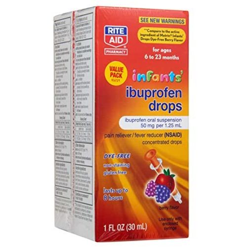 Rite Aid Infants' Dye-Free Ibuprofen Drops, Berry Flavor, 50 mg - 2 Value Pack | Infant Pain Reliever | for Babies Ages 6 to 23 Months | Ibuprofen Oral Suspension 50 mg per 1.25 mL | Gluten Free