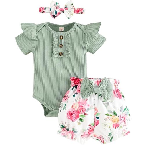 Baby Girl Clothes Newborn Infant Outfit Ruffle Romper and Short Pants Clothing Sets for Summer Spring