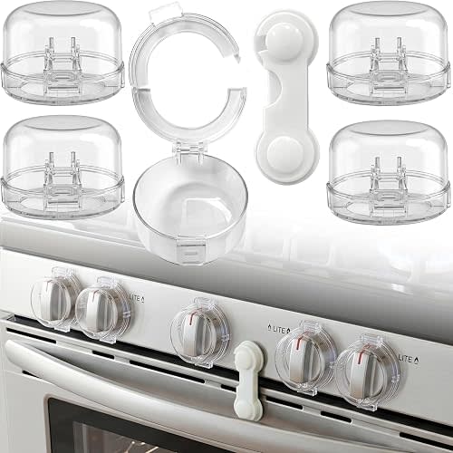 CyberNexus Stove Knob Safety Covers, V-0 Flame Retardant, 5 Covers & 1 Lock