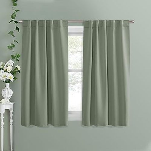 PONY DANCE Bedroom Blackout Curtains - Small Window Treatment Set Energy Saving Thermal Insulated Drapes for Nursery/Kitchen, 42" x 45", Sage Green, 2 Pieces