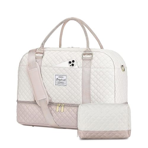 Travel Duffle Bag Weekender for Women: Travel Duffel Bag Carry-On Overnight Bag with Shoe Compartment & Wet Pocket Large Weekend Tote Bag withGym Duffel Bag for Hospital Beige