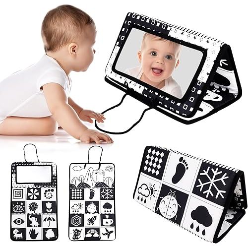 KAKIBLIN Tummy Time Baby Mirror, Wall Mounted, Rectangular, Montessori Toys for 0-6 Months, High Contrast Black and White Teeth Promoting Toy