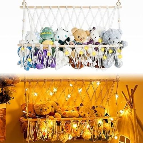 2 Pcs Stuffed Animal Hammock Net with LED, No Battery, Plush Hammock Hanging Plush Animals Toy Storage Organizer for Nursery Play Room Gift