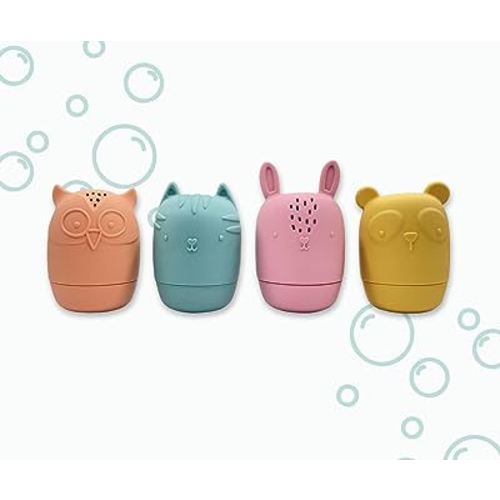 JoLo Goods | Mold Free Silicone Bath Toys for Baby 0-6 Months, Infant 6-12 Months, Toddlers 1-3, Kids 4-8. Playful Water Spraying Bathtub Fun. 4 Animals: Squeeze & Squirt. Easy Grasp, Natural & Safe