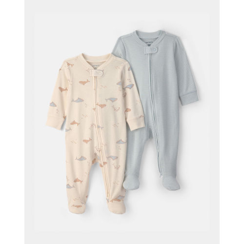 Baby 2-Pack Whale Striped 100% Cotton 2-Way Zip Sleep & Play Pajamas - Blue/Ivory