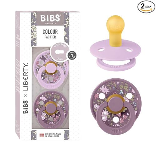 BIBS Liberty Soother 2-Pack, BPA Free Dummy Pacifier, Round Nipple. Natural Rubber Latex, Made in Denmark, Size 1 (0-6 Months), Chamomile Lawn Violet Sky