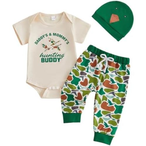 Sasaerucure Newborn Baby Boy Summer Clothes Mallard Duck Camo Hunting Short Sleeve Romper and Pants Hat 3Pcs Outfit
