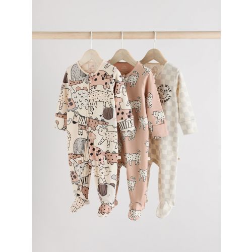 Brown/Cream Baby Two Way Zip Sleepsuits 3 Pack (0-2yrs)