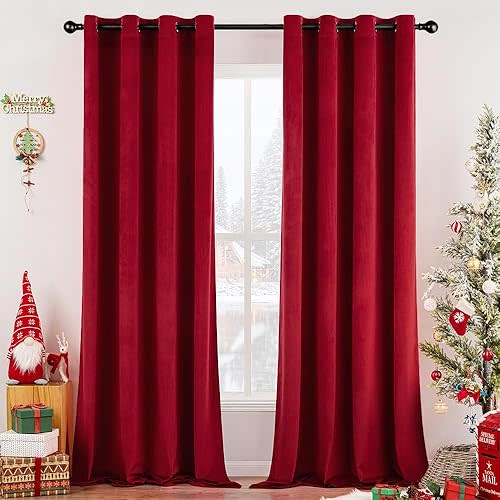 MIULEE Christmas Red Velvet Curtains Elegant Grommet Curtains Thermal Insulated Soundproof Room Darkening Black Out Drapes for Classical Living Room Bedroom Decor 52 x 96 Inch Length Set of 2