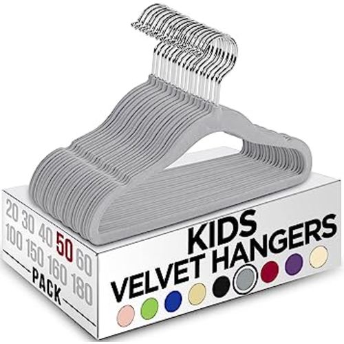 Utopia Home Kids Hangers Velvet Pack of 50-11 Inch Durable Baby Hangers for Closet - Perfect for Toddler for Everyday Use (Grey)