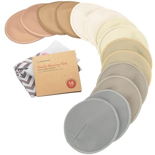 Organic Nursing Pads - 14 Washable Breast Pads for Breastfeeding, Wash Bag, Viscose Derived from Bamboo Reusable Nipple Covers for Breastfeeding Essentials, Soft & Absorbent (Earth, M 3.9")