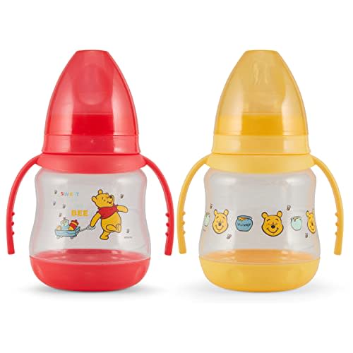Disney 2 Pack 7 Ounce Baby Bottles with Character Prints and Colored Covers with Double Handle - BPA Free and Easy to Clean