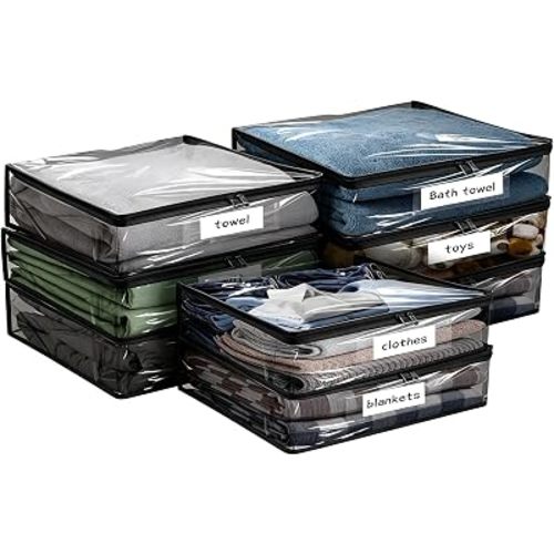Plastic Storage Bags with Easy-Glide Zipper, Pack of 8, Durable Clear Vinyl Zippered Storage Bags for Clothes Sweaters Comforters Blankets Sheets Bedding (10.5 x 10.5 x 2.5 Inch, Transparent Black)