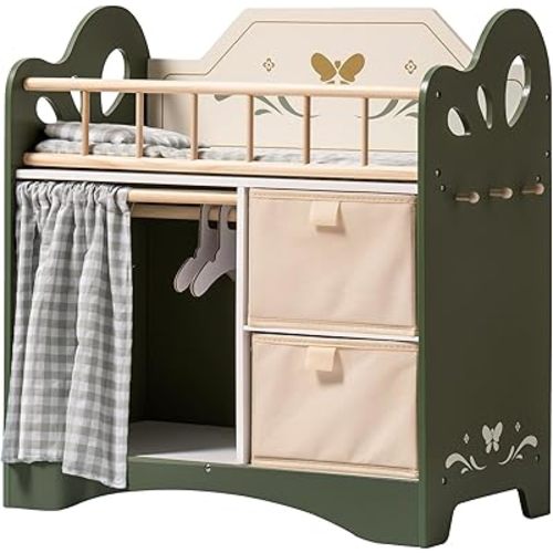 ROBOTIME Baby Doll Crib, Wooden Doll Bed, Toy Baby Crib with Storage, Bedding, and Wooden Hooks, Doll Crib Fits Dolls up to 22’’, Doll Furniture for American Girls Ages 3+ (Green)