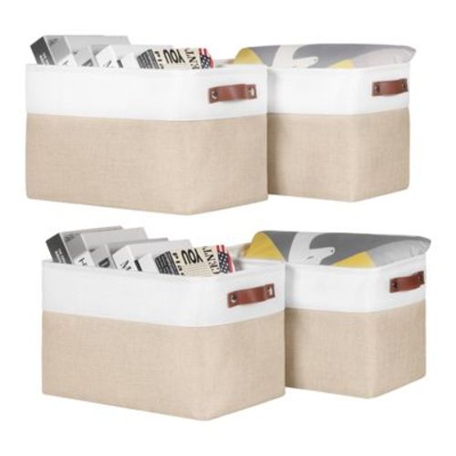 Aoibox 15 Inch Storage Baskets with Handles for Shelves Collapsible Fabric Bins Hard Bottom Closet Organizer Khaki 4 Pack