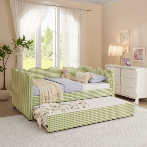 Twin Size Cozy Gingham Daybed with Trundle, Linen Fabric Sofa Bed with USB Port, No Box Spring Needed, Green - ModernLuxe