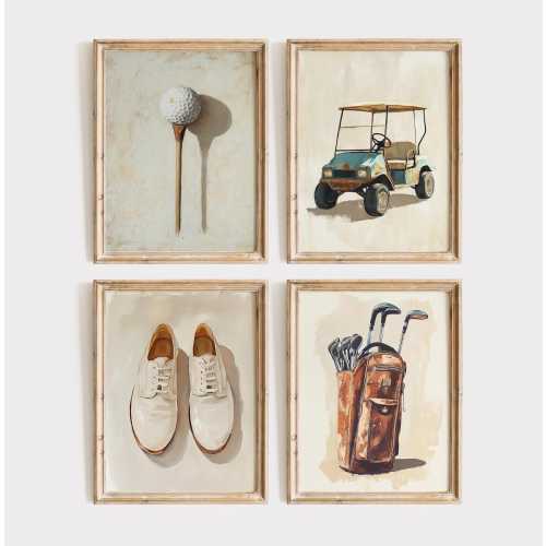 Golf Wall Art Set of 4 – Vintage Sports Prints, Rustic Golf Nursery Decor, Baby Shower Gift for Boys, Playroom Art, Golf Digital Download