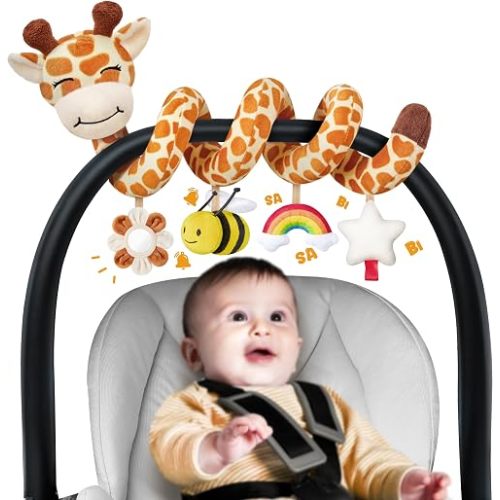 Stuffed Spiral Car Seat Baby Toys 6-12 Months, Infant Giraffe Sensory Toys Hanging Stroller Accessories, Newborn Shower Gifts for Baby Boys Girls Essentials | Cute Colorful Giraffe